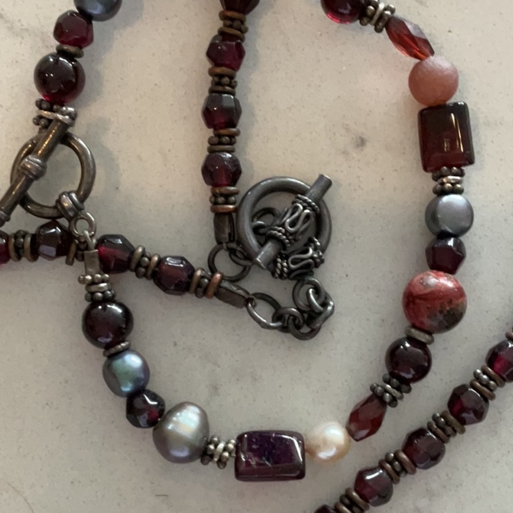 Genuine Beaded Garnet Pearl Necklace and Bracelet Set